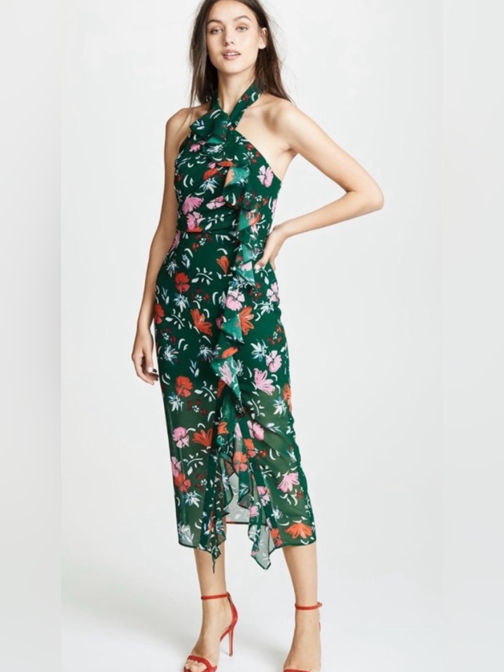 NWOT C/Meo Collective Elude Green Floral Halter Midi Dress - Large - $180